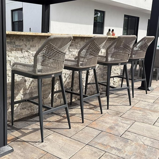 PURPLE LEAF 2 Pieces Counter Height Bar Stools Patio Boho Rattan Barstools Aluminum Woven Bar Chairs with Cushions for Outdoor Kitchen Island Garden