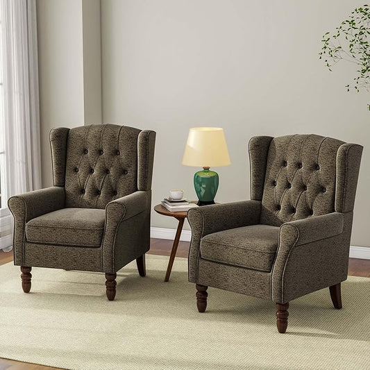 Accent Chair, Upholstered Armchair with Button Tufted High Back & Solid Wood Legs, Comfy Wingback Reading Single Sofa Chair for Small Spaces, Living Room, Bedroom-Taupe, Set of 2