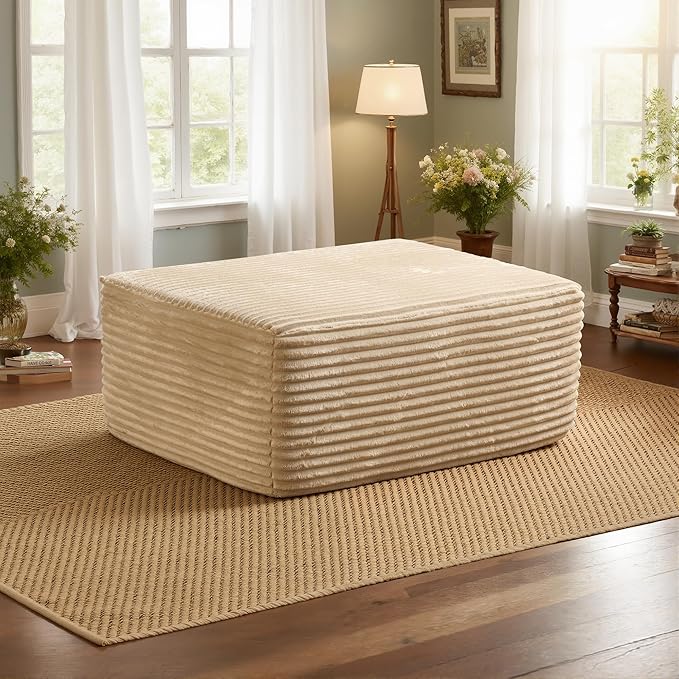37.1" Ottoman for Couch, Plush Corduroy Memory Foam Ottoman Cloud Boneless Sectional Couch for Living Room Foot Stools No Assembly Require, Plush Corduroy,Beige