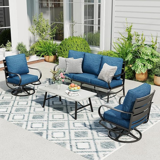 Sophia & William Patio Furniture Sets 5 Seats Outdoor Metal Conversation Sets with 2 x Cushioned Swivel Sofa Chairs,1 x 3-Seat Sofa, 1x Marbling Metal Coffee Table Lawn Backyard Poolside Peacock Blue