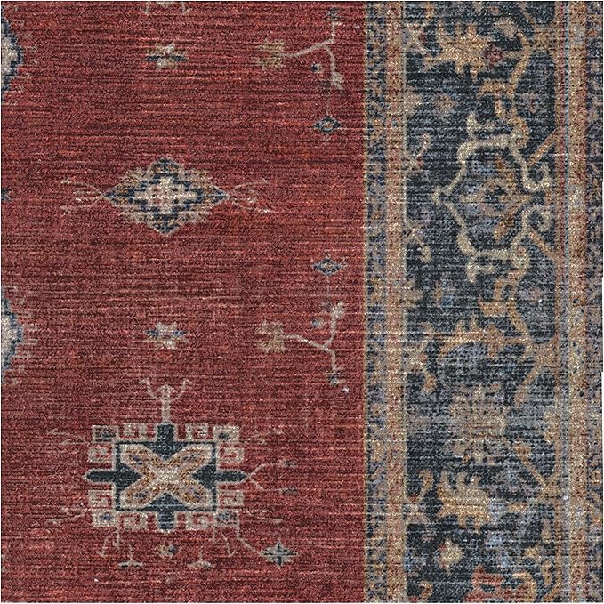RUGGABLE Washable Vintage Runner Rug – Verena Amber Red 2.5x7, Stain-Resistant, Non-Slip Hallway Runner – Machine Washable Rug for Hallway, Entryway, Living Room & Kitchen–with Cushioned Pad