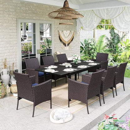 Sophia & William 9 Pieces Expandable Patio Dining Set for 8, Metal Patio Table and Wicker Chairs Set, Rectangular Outdoor Table and Rattan Chairs, All Weather Outdoor Dining Set for Outside