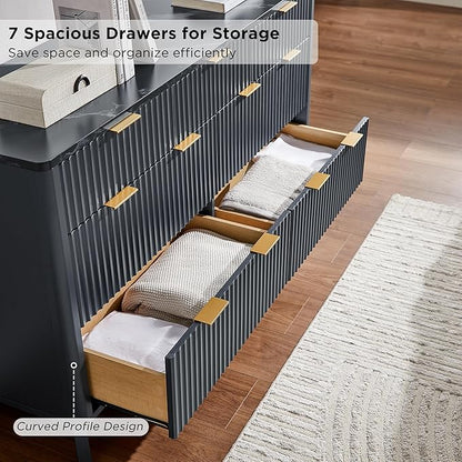 T4TREAM Fluted 7 Drawers Dresser, 54" Wide Modern Chest of Drawers with Faux Marble Top, Curved Profile Design, Dresser TV Stand, Wood Drawer Organizer for Bedroom, Living Room, Hallway, Dark Grey