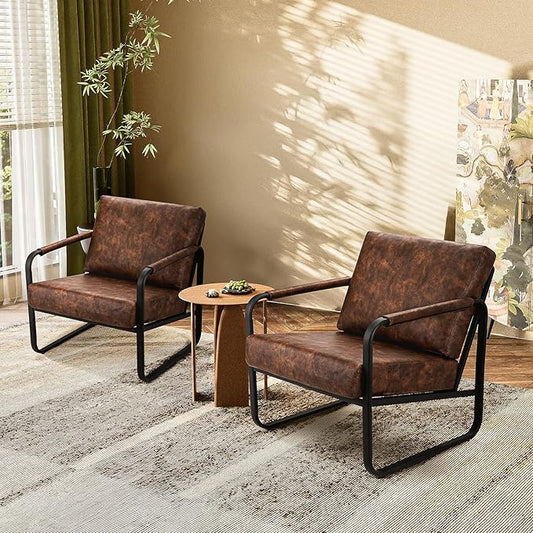 PrimeZone Mid-Century Modern Accent Chair Set of 4 - Comfy Faux Leather Living Room Chair, Lounge Armchair with Extra Soft Padded & Cushion, Ergonomic Accent Chair for Bedroom, Office, Brown