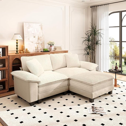 PHI VILLA Cloud Modular Couches Sets, 87.5" Sectional Loveseat Sofa with 1 Movable Ottoman, 3-Seater Comfy Couches for Living Room Apartment, Chenille & Corduroy Dual Fabric, Beige