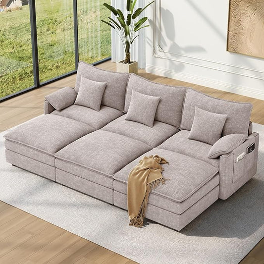 Vesgantti 108" Sectional Sleeper Sofa, 6-Seater Oversized Modular Cloud Couch with Movable Ottoman, Chenille Large Sofa Bed Convertible Deep Seat Couches for Living Room, Bedroom and Apartment, Brown
