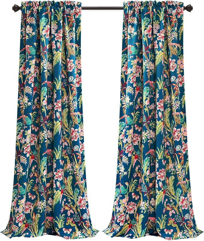 Lush Decor Dolores Light Filtering Window Panels, Pair, 52" W x 84" L, Navy & Multi - Floral Curtains for Bedroom - Vintage Curtains - Coquette Room Decor