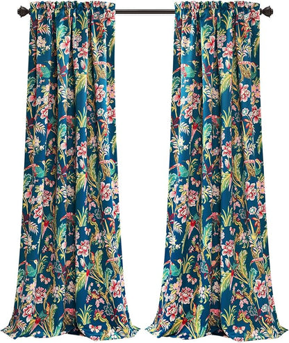 Lush Decor Dolores Light Filtering Window Panels, Pair, 52" W x 95" L, Navy & Multi - Floral Curtains for Bedroom - Vintage Curtains - Coquette Room Decor