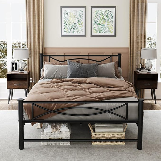 Metal Full Single Bed Frame with Storage Space, 74.8" in Steel Bed Frame with Protective Foot Pads, Strong Bearing Capacity Full Size Bed, Easy Assembly, Underbed Storage Space（35.4 inch）