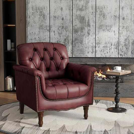 Lumibee Faux Leather Armchair, Contemporary Accent Chair with Nailhead Trims & Wood Legs for Living Room, Upholstered Comfy Arm Chair for Office,Bedroom-Dark Red