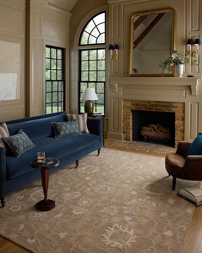Loloi Chris Loves Julia Dorothea Collection DRT-01 Bark/Stone 11'-6" x 15' Area Rug Wool Neutral Floral Living Room Bedroom Carpet