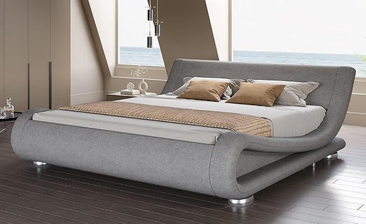 SHA CERLIN Full Size Upholstered Bed Frame, Deluxe Low Profile Sleigh Bed with Linen Ergonomics Headboard, No Box Spring Needed & Easy Assembly, Grey