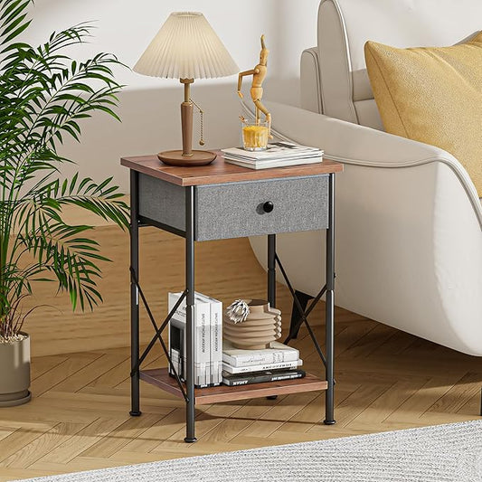 VECELO Modern Versatile Nightstands X-Design Side End Table Night Stand Storage Shelf with Bin Drawer for Living Room Bedroom, Set of 2 (Brown)