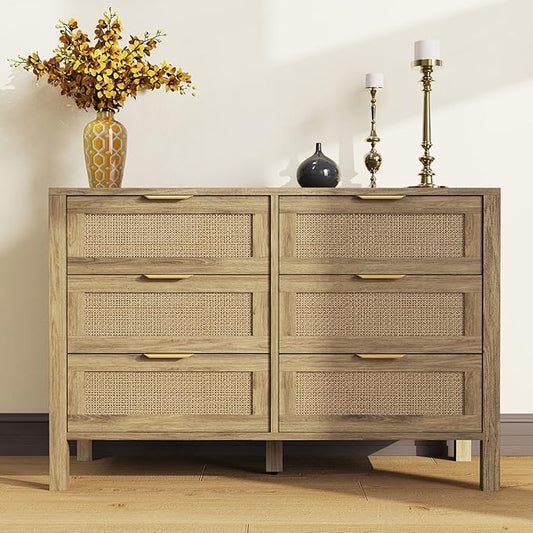 6 Drawer Dressers for Bedroom, Rattan Dresser with Drawers, Modern Wood Dresser with Metal Handles, Chest of Drawers for Bedroom, Living Room, Entryway (6 Drawer)