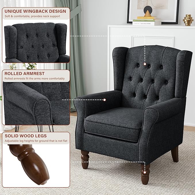 High Back Accent Chair, High Wingback Chair for Living Room, Button-Tufted Upholstered Fabric Armchair with Solid Wood Legs, Comfy Single Sofa Reading Chair for Bedroom, Dark Navy