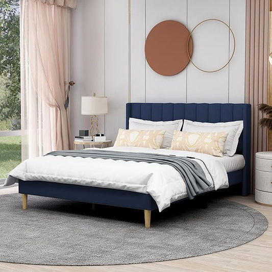 AGARTT Upholstered Platform Bed Frame Queen Size with Headboard and Footboard/Wooden Slats Support/No Box Spring Needed/Easy Assembly,Blue Velvet