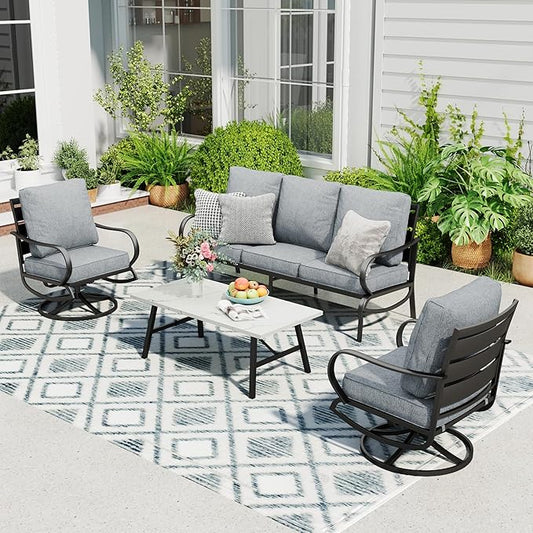 Sophia & William Patio Furniture Sets 5 Seats Outdoor Metal Conversation Sets 4 Pcs with 2 x Cushioned Swivel Sofa Chairs,1 x 3-Seat Sofa, 1x Marbling Metal Coffee Table Lawn Backyard Poolside Grey