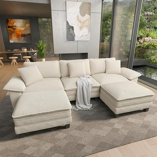 HERA'S HOUSE 124" Modular Sectional Sofa, Oversized U Shaped Couches for Living Room, Comfy Cloud Couch with Ottoman, 5-Seater Deep Seat Sofa with Throw Pillow, Corduroy Beige