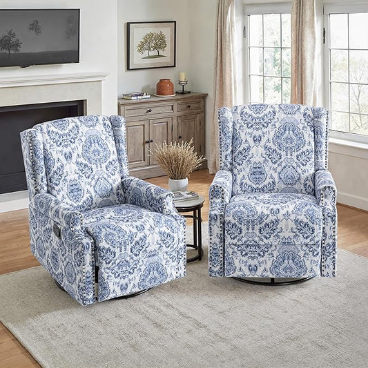 Lumibee Recliner Chairs Set of 2, 360° Swivel Rocker Recliner Chair with Footrest High Back, Comfy Upholstered Glider Rocking Chair for Living Room Bedroom (Navy)