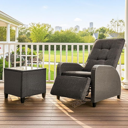 Outdoor Patio Recliner with Independently Adjustable Backrest and Footrest, All-Weather Wicker Patio Chair with Side Table, 160° Lay Flat Patio Reclining Lounge Chair for Backyard Garden, Grey