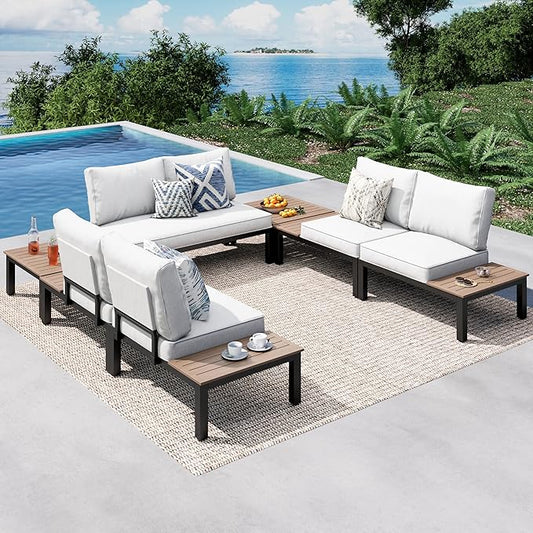 PHI VILLA 7 Pieces Outdoor Patio Furniture Set,Metal Frame Modern Outdoor Sectional Sofa Set,6 Seats Patio Conversation Sets with Coffee Table&Thickened Cushion,for Poolside and Backyard,Light Grey