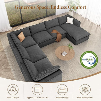 Vesgantti 141.7" Oversized Boneless Sectional Couch, Modern 7 Seater Modular Sofa with Chaise, Deep Seat Convertible Corduroy Cloud Couches for Living Room, No Assembly Required, Dark Gray