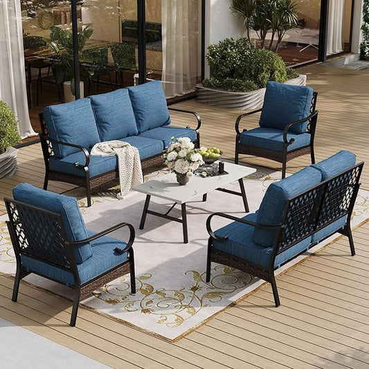 5 Piece Metal Outdoor Patio Furniture Set, Patio Conversation Sets 3-Seater Sofa, 2-Seater Sofa, 2 Fixed Chair with 5.75" Thick Cushion & Coffee Table Black Backyard Furniture, Blue-2