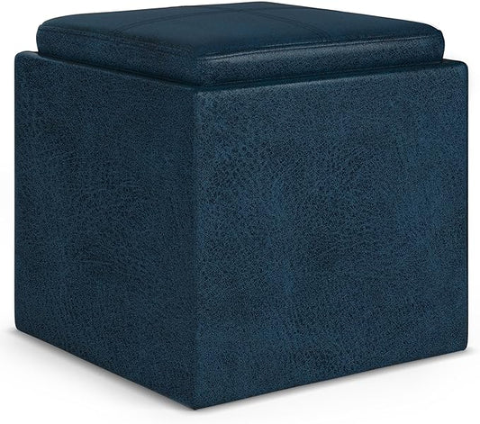 SIMPLIHOME Rockwood 18 inch Wide Contemporary Square Cube Storage Ottoman with Tray in Distressed Dark Blue Vegan Faux Leather, Assembled, For the Living Room, Entryway and Family Room