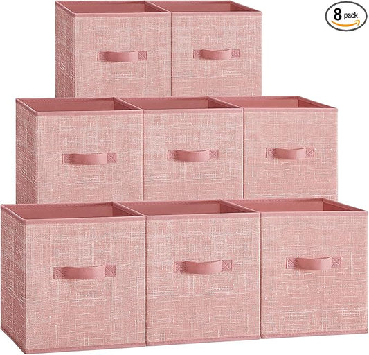 SONGMICS Storage Cubes, 10.2 x 10.2 x 11 Inches Non-Woven Fabric Bins with Double Handles, Set of 8, Closet Organizers for Shelves, Foldable, for Clothes, Jelly Pink UROB826R01