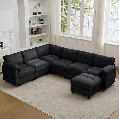 114'' V-Shaped Sectional Cloud Couch with Ottoman, 7-Seater Modular Couches for Living Room, Corduroy Oversized Deep Seat Sofa with Center Stitched, Black