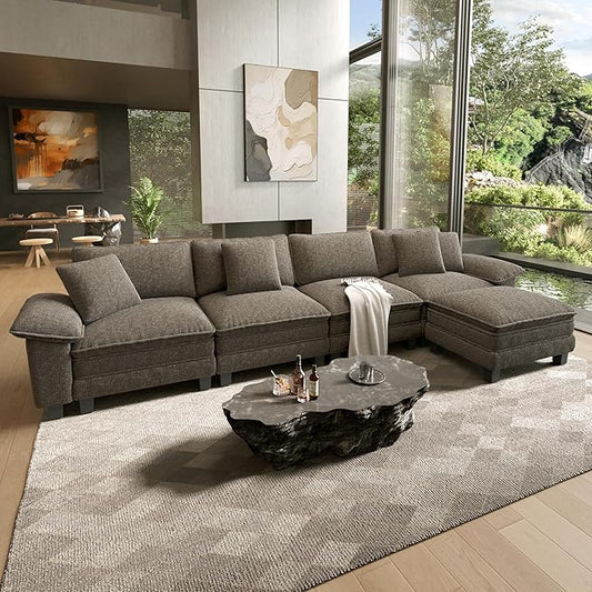 HERA'S HOUSE 158" Modular Sectional Sofa, Oversized L Shaped Couches for Living Room, Comfy Cloud Couch with Ottoman, 5-Seater Deep Seat Sofa with Throw Pillow, Chenille Ash