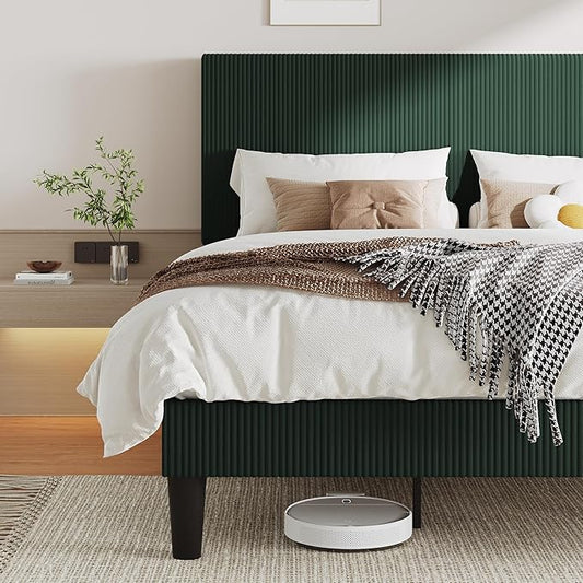 Allewie King Size Upholstered Bed Frame with Vertical Channel Tufted Headboard, Soft Corduroy Fabric Platform Bed, Strong Wooden Slats Support, Easy Assembly, No Box Spring Needed, Dark Green