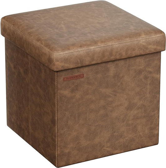 SONGMICS Mazie Collection - 15 Inches Ottoman with Storage, Footstool, Storage Ottoman, Load 660 lb, for Dorm, Living Room, Bedroom, Synthetic Leather, Coffee Brown ULSF010K01