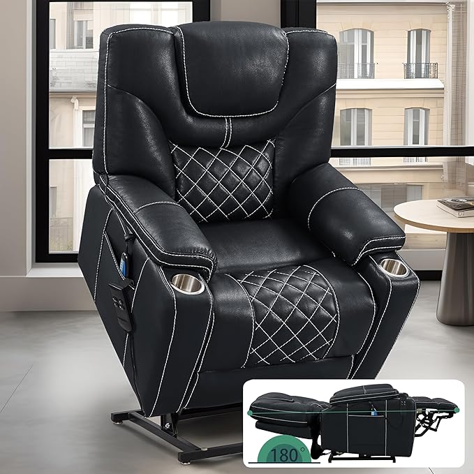 Power Lift Chair for Elderly: 9988 High Density Foam Lay Flat with Heat and Massage, Reclining to 180, 2 Pockets Cup Holders, 2 Remote Controls, Dual OKIN Motors - Breathable Leather Black