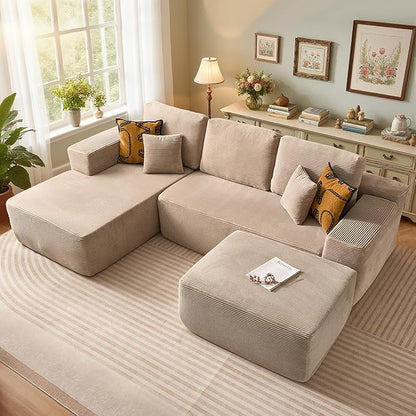 106" Cloud Sectional Couch with L-Shape Chaise & Ottoman, No Assembly Modular Sofa, Deep Seat Corduroy Boneless Couched for Living Room (Camel Stripe Corduroy, Left Facing Chaise with Ottoman)