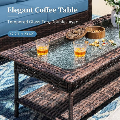 6 Piece Patio Furniture Set with Swivel Chairs, High Back Wicker Rattan Sofa with Extra Thick Cushion, Coffee Table and Ottoman, Outdoor Conversation Set for Backyard Deck, Blue