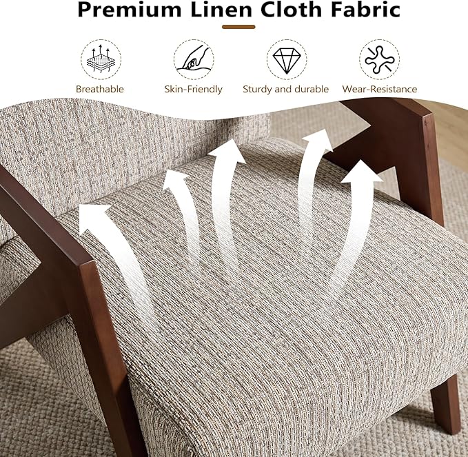 Bonzy Home Mid-Century Modern Accent Chair with Wood Frame, Upholstered Armchair for Bedroom & Living Room, Linen Fabric Cushion, Z-Shaped Armrest Design, Sturdy Lounge Chair,Brown
