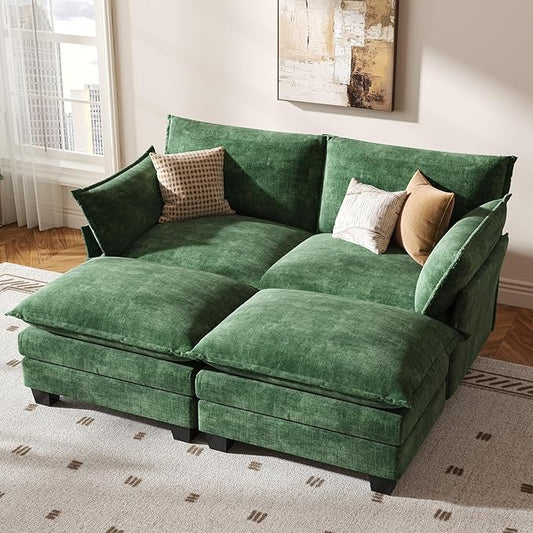 KKL Modular Sectional Sofa Bed, 4 Seater Convertible L-Shaped Sleeper Cloud Couch with Ottoman, Chenille Sectional Couches for Living Room, Apartment Green