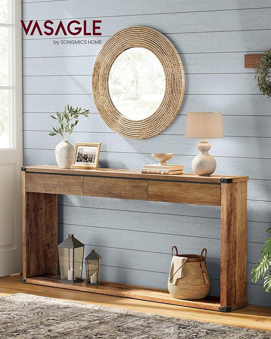 VASAGLE Sofa Console Table, 63 Inches Narrow Entryway Table with 3 Drawers, Bottom Shelf, Metal Corners, for Living Room, Bedroom, Farmhouse Style, Honey Brown ULNT146KB01S
