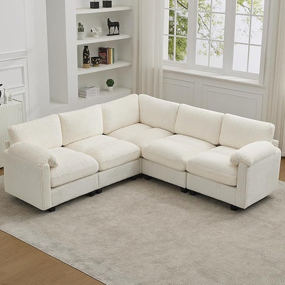 87'' V-Shaped Sectional Sofa Couch, 5-Seater Modular Couches for Living Room, Corduroy Deep Seat Cloud Sofa with Center Stitched, Beige