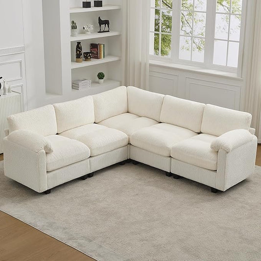 87'' V-Shaped Sectional Sofa Couch, 5-Seater Modular Couches for Living Room, Corduroy Deep Seat Cloud Sofa with Center Stitched, Beige