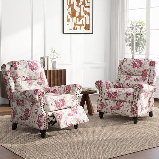 UIXE Floral Pushback Recliner Chairs Set of 2, Fabric Overstuffed Armchair Push Back Accent Chair for Living Room, Rivet Trim Club Chair Home Theater Single Sofa Bedroom Reading Seat