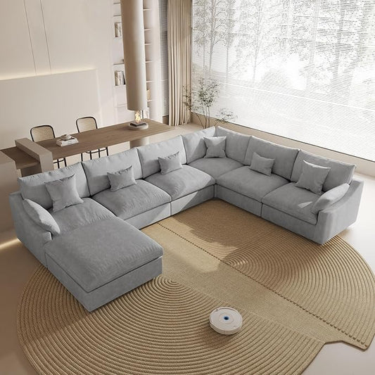 Oversized Modular Sectional Sofa,154inch Cloud Couch Deep Seat Sofa Cushion Covers Removable,LShaped Linen Sectional Couches for Living Room (7 Seater-Gray)
