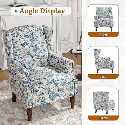 Floral Wingback Accent Chair, High Back Upholstered Armchair, Comfy Fabric Wingback Arms Chairs with Retro Solid Wood Legs, Single Sofa Reading Chair for Bedroom Living Room, Boho Blue