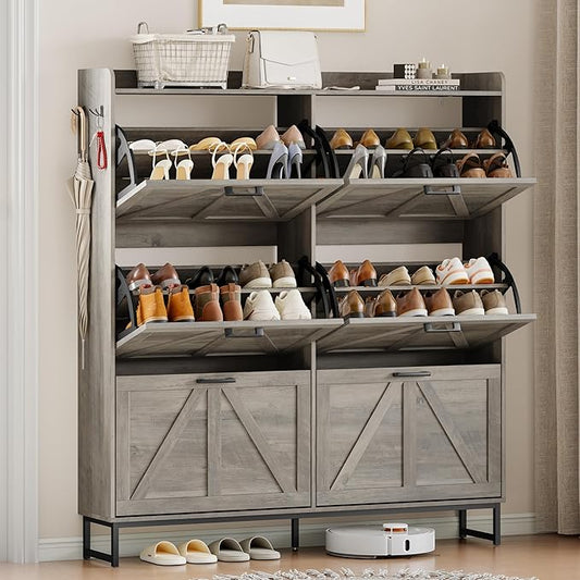 Shoe Cabinet Storage for Entryway, Shoe Storage Cabinet with 6 Flip Drawers, Freestanding Narrow Shoe Rack Organizer with Metal Legs, Adjustable Shelves & Open Storage for Foyer, Hallway, Grey