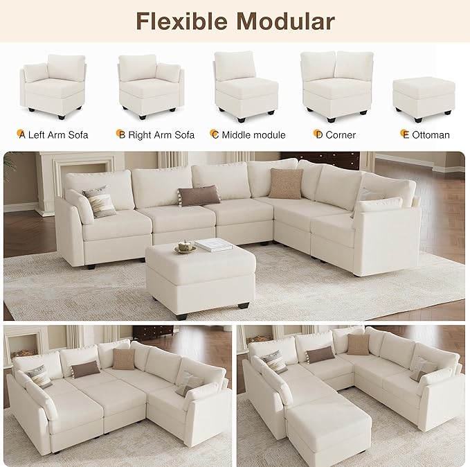 Modular Sectional Sofa Couches, Large Convertible Modular Couches with Storage, 7-Seater Sectional Sofa for Living Room, U Shaped Sectional Couch Sleeper Sofa with Chaise (Beige, 7 Seats)