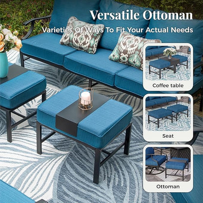 Patio Furniture Set 7 pcs, Outdoor Patio Furniture, 3-Seat Sofa, 4 Single Chairs, 2 Ottomans and 5.75" Extra Thick Cushion, Conversation Set for Backyard Deck,Gemstone Blue