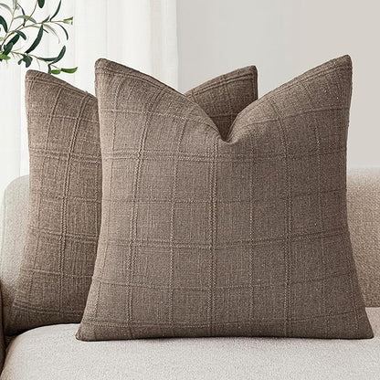 Foindtower Set of 2 Decorative Linen Check Throw Pillow Covers Neutral Farmhouse Vintage Cushion Covers Modern Boho Home Decor for Sofa Chair Couch Bedroom Living Room,18×18 Inch,Taupe Grey