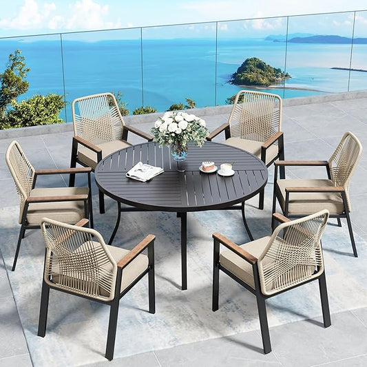 Patio Dining Chairs Set of 4, Heavy-Duty Woven Rope Outdoor Chairs with Waterproof Cushion and Wrought Iron Frame, All-Weather Outside Seating for Kitchen Garden Deck Backyard