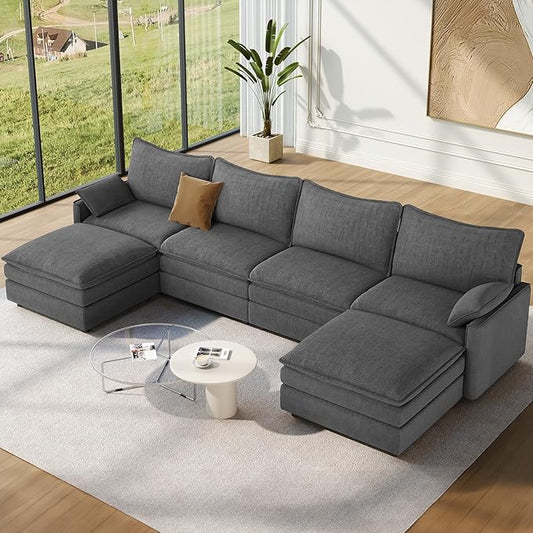 Vesgantti 142" U Shaped Sectional Couch, Comfy Cloud Modular Sectional Sofa with 2 Ottoman Deep Seat Chenille Modern Cloud Sofa, Modular Sofas for Living Room, Bedroom and Apartment, Gray